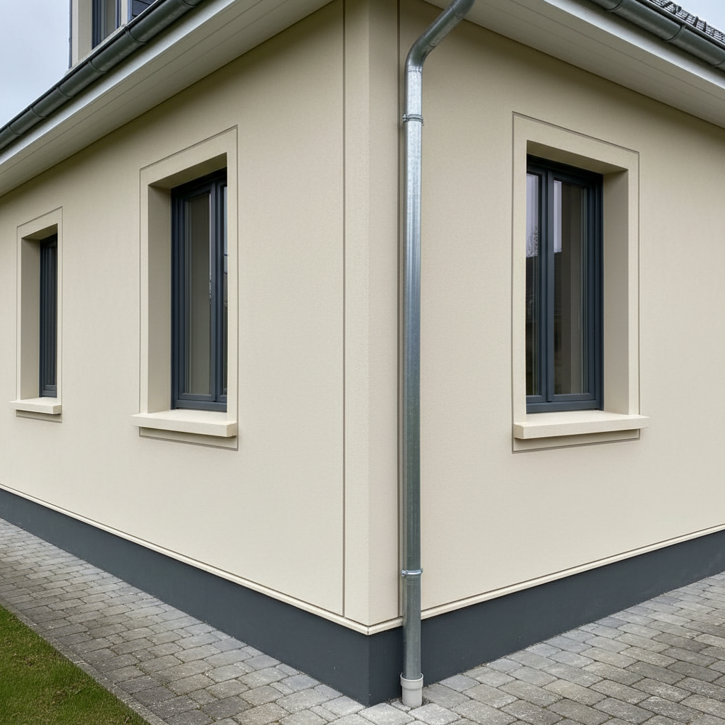 A detailed scene of exterior waterproofing and façade renovation on a house in Saint-Sauveur, in realistic photographic style. The focus is on a freshly rendered façade with smooth, light-colored plaster, crisp corners, and perfectly sealed window surrounds. At the roof edge, new guttering and downpipes in zinc run straight and true, connecting cleanly to the masonry. The ground shows a waterproofed base course and neatly finished joints. Overcast daylight creates soft, even lighting that highlights surface quality and vertical alignment without strong shadows. Captured at eye level with a slight three-quarter view of the corner of the house, giving depth and context to the façade, while maintaining a clean, orderly, and reassuring professional atmosphere.