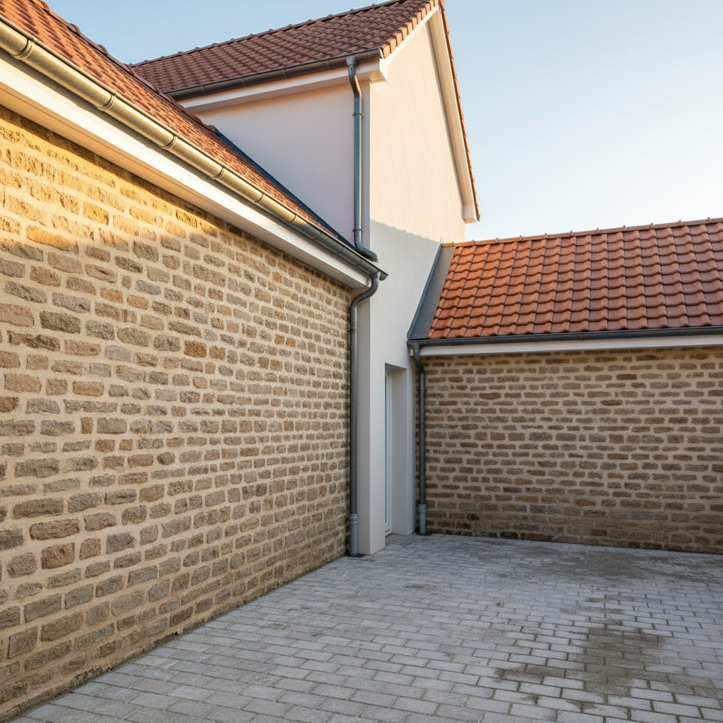 A carefully framed view of a small courtyard in Saint-Sauveur after complete exterior renovation, in realistic photographic style. The main house wall shows freshly repointed masonry, clean joints, and a straight, newly painted façade, while the adjoining low building features a renewed roof with even rows of tiles and flawless waterproofing at the junction. New gutters and downspouts follow the lines of the buildings, and a recently painted soffit board adds a crisp edge. The cobbled or paved ground is clean, hinting at professional cleaning and maintenance. Late afternoon sunlight casts soft, warm highlights on the stonework and gentle shadows that emphasize relief without clutter. Shot at eye level with a slight wide-angle view to encompass roof, façade, and ground, conveying a sense of complete, coherent renovation.