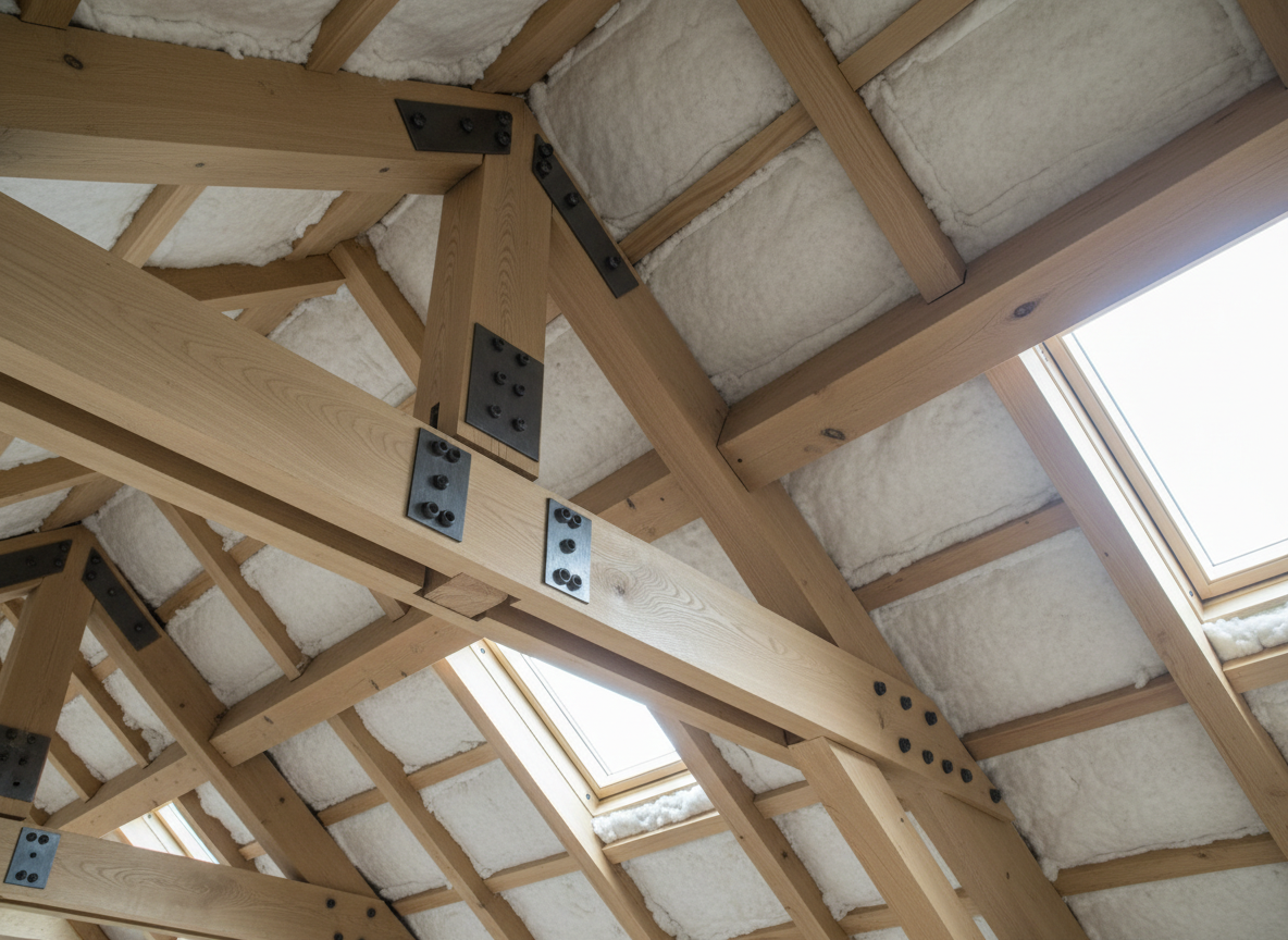 A close, detailed view of a timber roof structure, highlighting the charpente work of a renovation project. Massive, pale oak beams intersect in clean, precise joints, with metal brackets and bolts neatly installed, all captured in photographic realism. The wood grain, smooth planed surfaces, and fresh saw marks are clearly visible. The setting is an open attic space with new insulation between rafters and a hint of daylight tiles above. Soft diffused daylight enters through a nearby opening, creating gentle contrasts and revealing every texture without harsh shadows. Shot from a low angle looking upwards along the beams to emphasize solidity and craftsmanship, with a calm, professional mood and balanced composition using the lines of the structure to lead the eye.