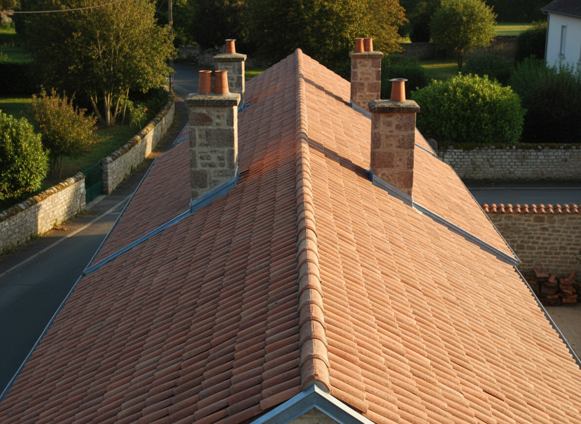 A meticulously renovated tiled roof on a traditional house in Saint-Sauveur, with perfectly aligned terracotta tiles, clean ridgelines and new zinc flashing.