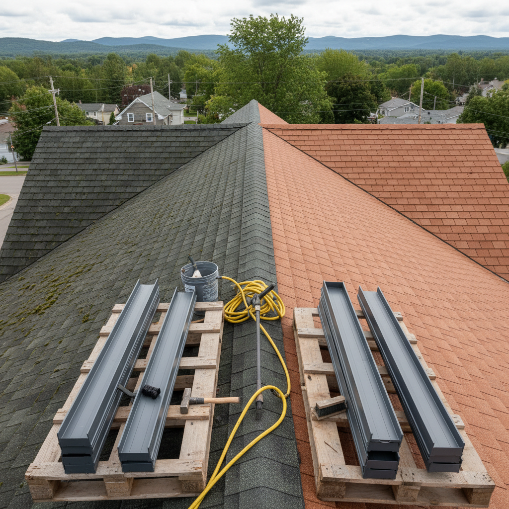 A dynamic yet tidy rooftop worksite showing gutter installation and roof cleaning in progress, without any people visible. A pitched roof in Saint-Sauveur is half cleaned, with one side of the tiles restored to a uniform warm color and the other still darkened by moss and dirt, illustrating the transformation. New metal gutters and downspouts lie neatly arranged along the eaves, ready to be fixed. A few tools and a high-pressure cleaning lance are placed in an orderly way on a secure platform. The scene is lit by bright but slightly diffused daylight, enhancing the contrast between cleaned and uncleaned surfaces. Photographic realism, shot from a slightly elevated angle, with sharp focus and a clear, professional, work-in-progress mood.