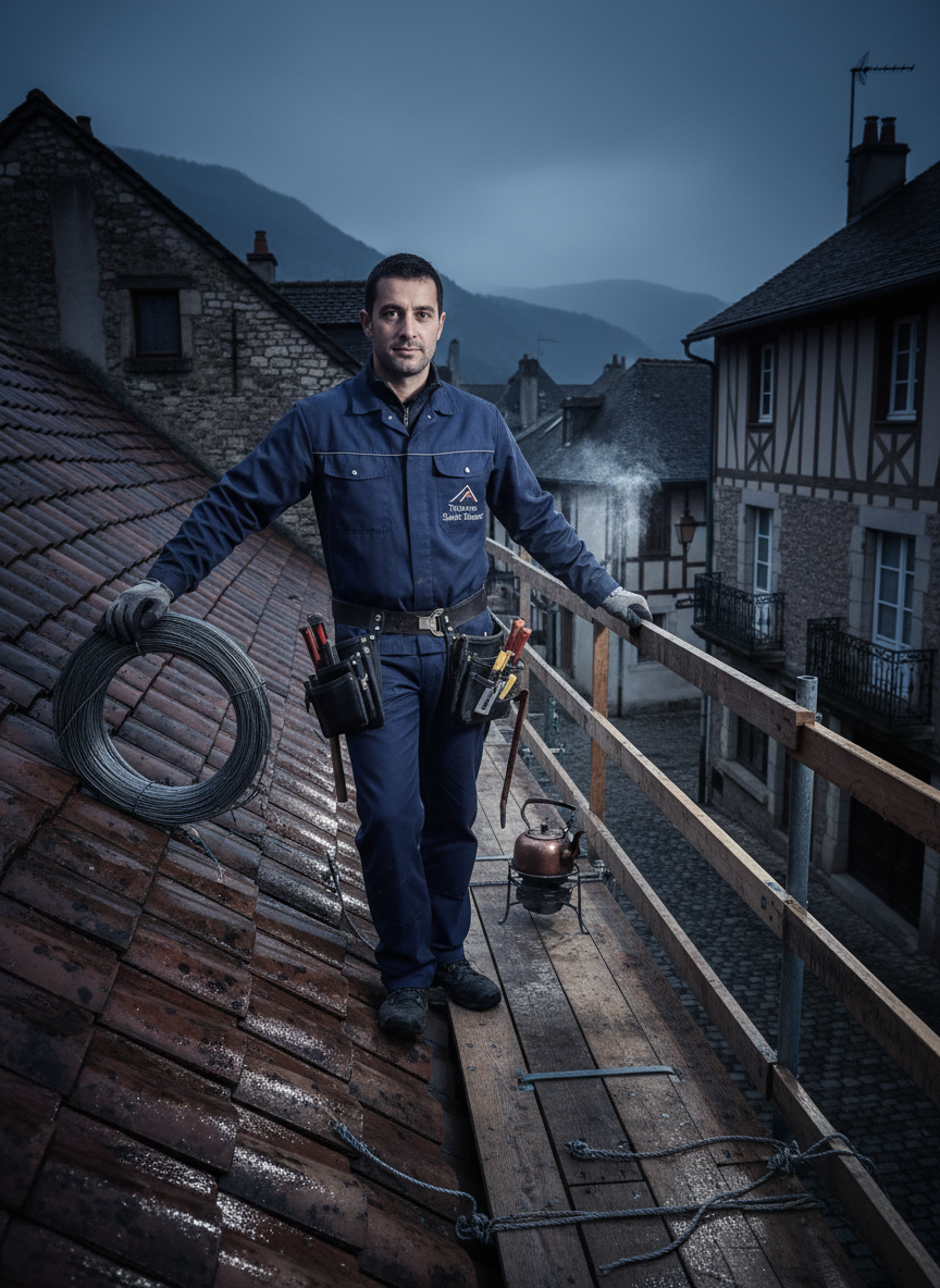Couvreur professionnel de Couverture Zepp travaillant sur une toiture traditionnelle a Saint-Sauveur